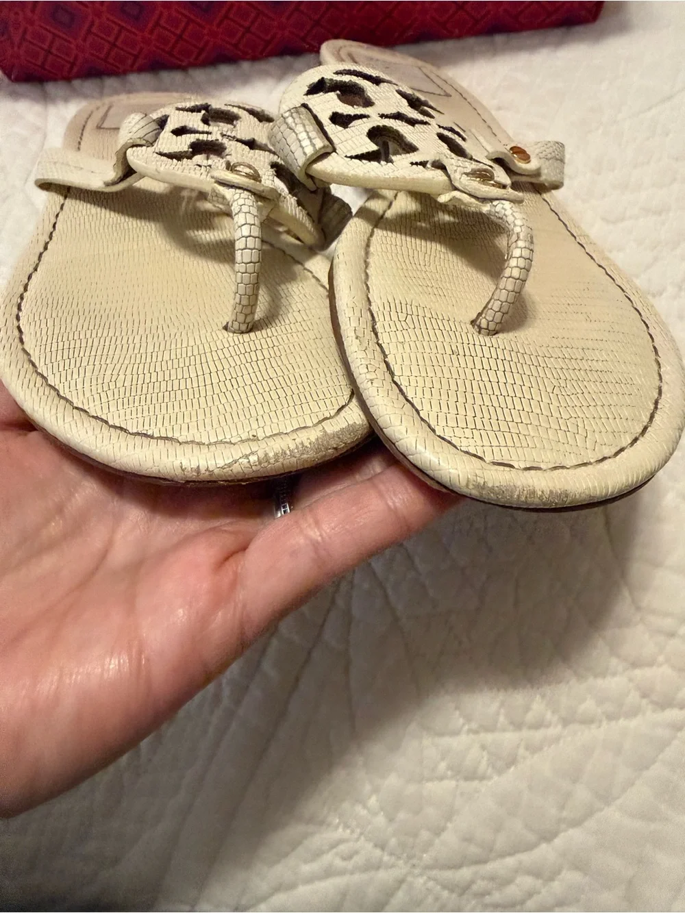 Tory Burch Ivory Textured Miller Logo Thong Sandals